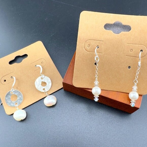 Two 2 Artisan Sterling Silver & Pearl Dangle drop Earrings - Picture 1 of 4